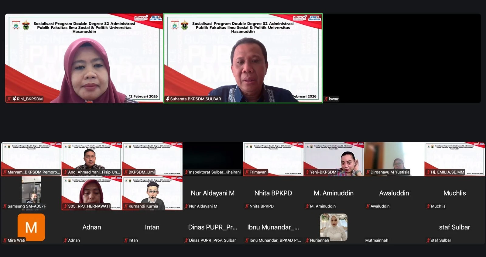 Sosialisasi Program Double Degree S2 Administrasi Publik FISIP Universitas Hasanuddin bersama BPSDM Pemerintah Provinsi Sulawesi Barat berlangsung secara daring pada 12 Februari 2026, mempertemukan jajaran pimpinan dan ASN dalam forum akademik strategis guna memperluas akses pendidikan magister bertaraf internasional demi penguatan kapasitas tata kelola pemerintahan daerah.